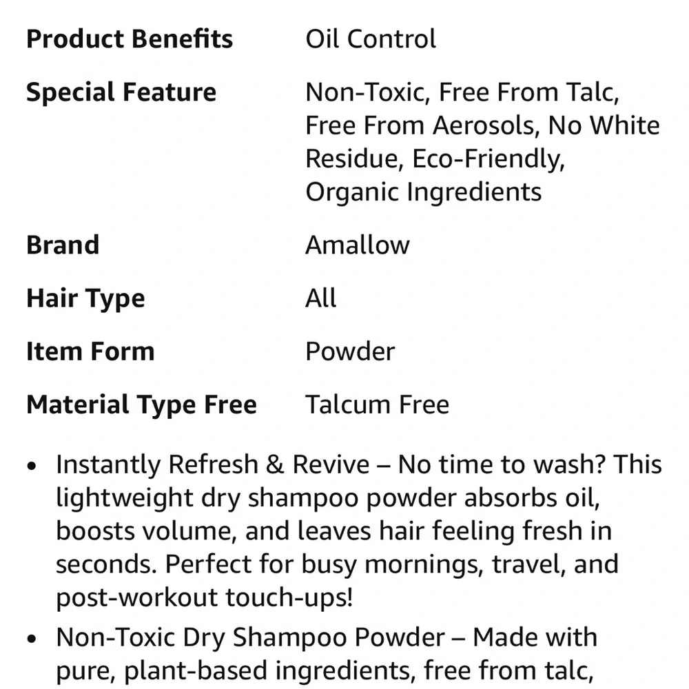 Amallow organic non toxic dry shampoo powder